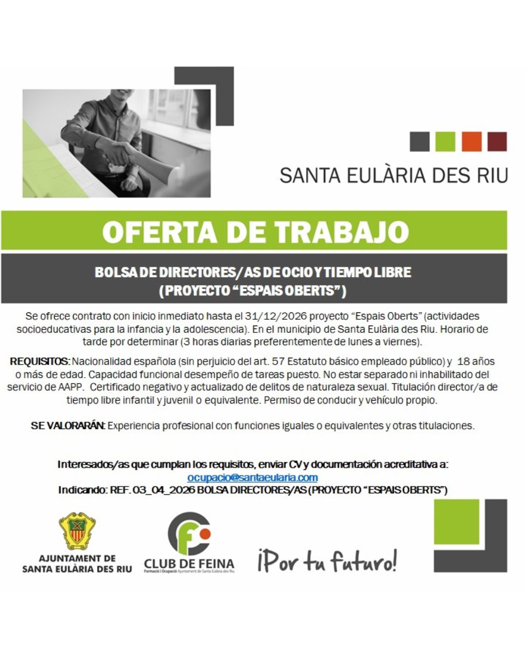 Bolsa de directores/as de ocio y tiempo libre vinculada al proyecto "ESPAIS OBERTS"