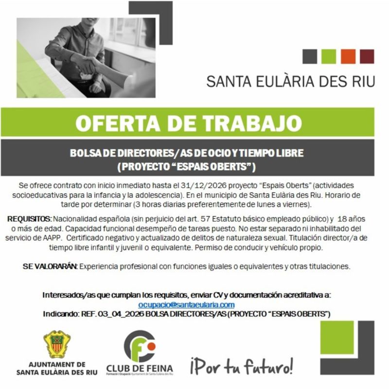 Bolsa de directores/as de ocio y tiempo libre vinculada al proyecto "ESPAIS OBERTS"