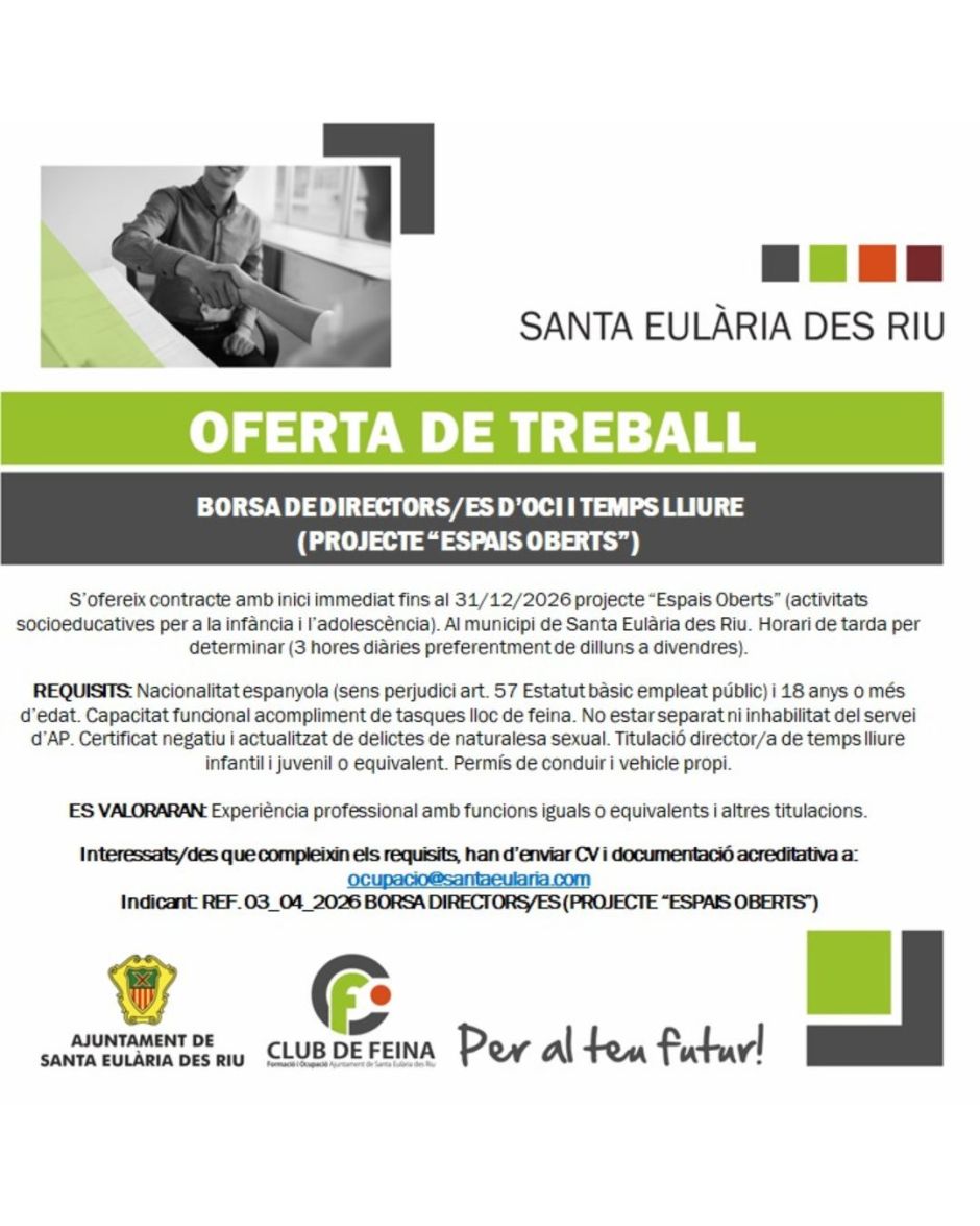 Borsa de directors/es d'oci i temps lliure vinculada al projecte "ESPAIS OBERTS".