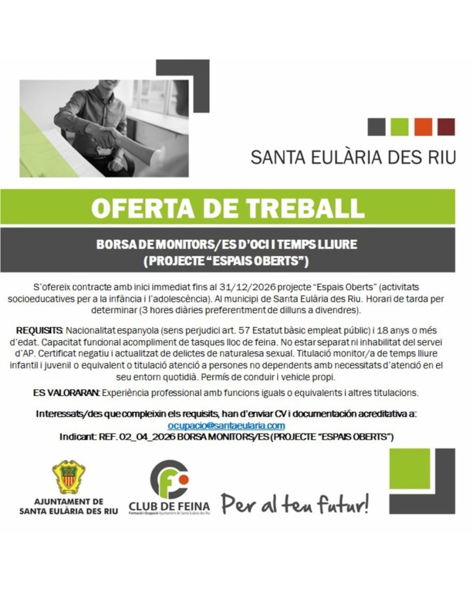 Borsa de monitors/s d'oci i temps lliure vinculada al projecte "ESPAIS OBERTS"