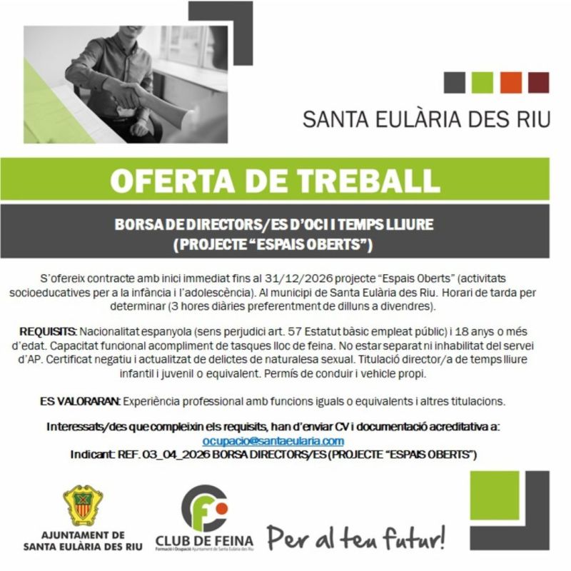 Borsa de directors/es d'oci i temps lliure vinculada al projecte "ESPAIS OBERTS".