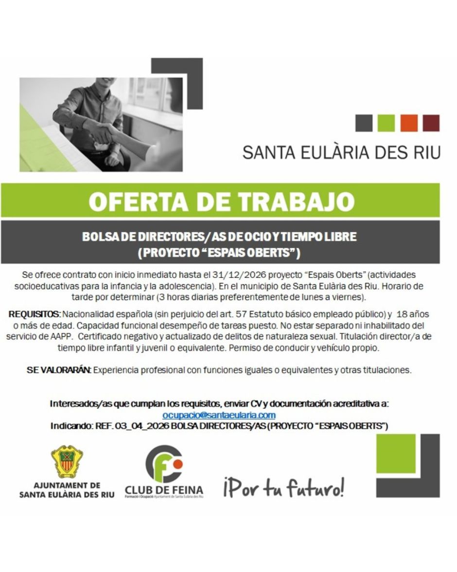 Bolsa de directores/as de ocio y tiempo libre vinculada al proyecto "ESPAIS OBERTS"