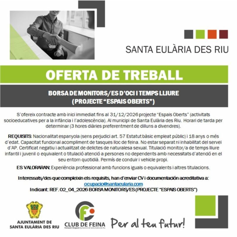 Borsa de monitors/s d'oci i temps lliure vinculada al projecte "ESPAIS OBERTS"