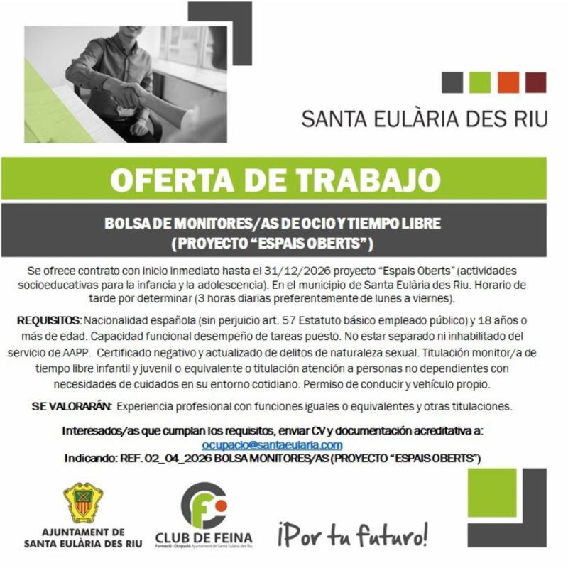 Bolsa de monitores/as de ocio y tiempo libre vinculada al proyecto "ESPAIS OBERTS"."